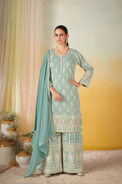 Mint Green Embroidered Sharara Set